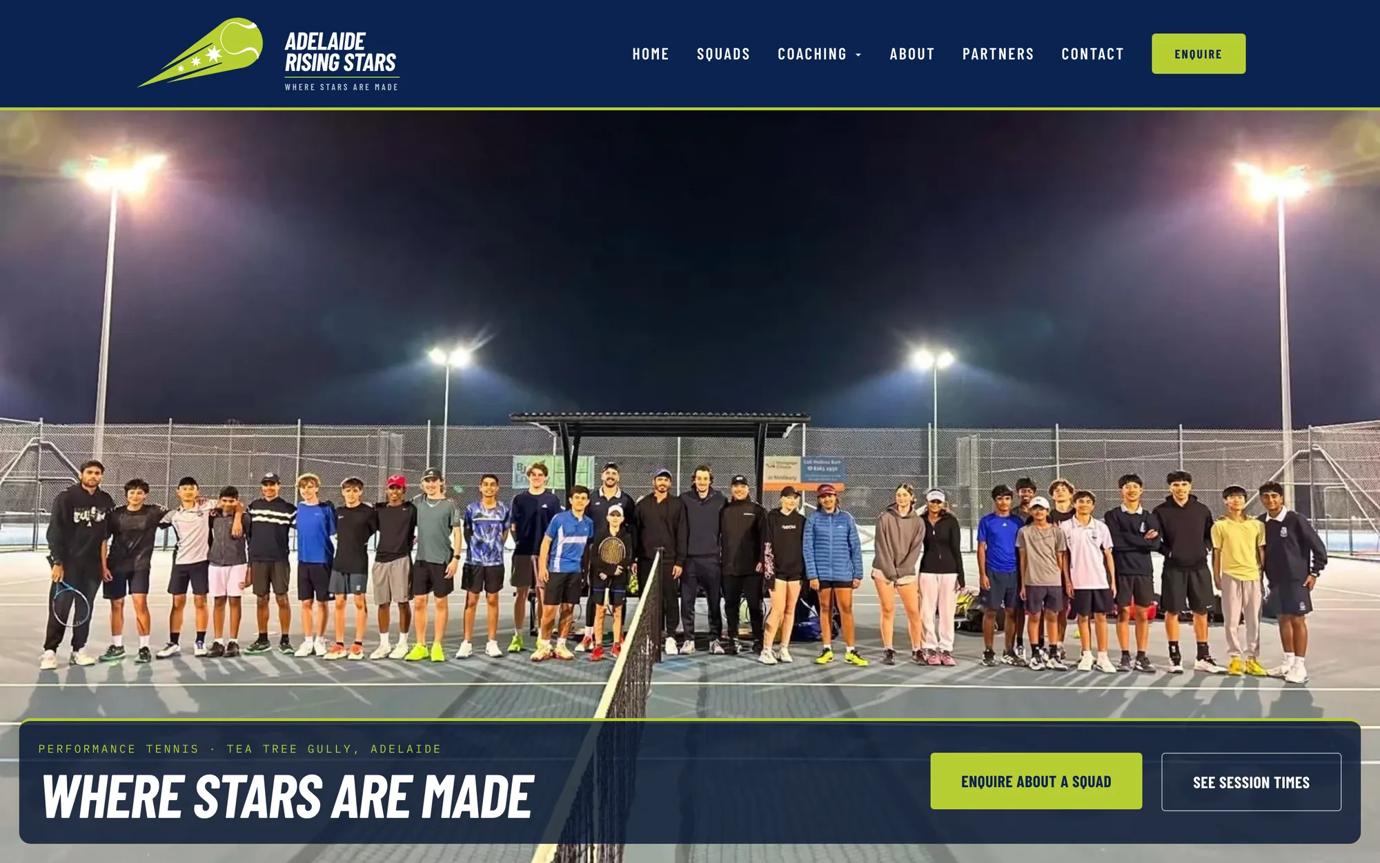 Adelaide Rising Stars home page: a night-time squad photo on court under the headline Where Stars Are Made, with Enquire about a squad and See session times buttons