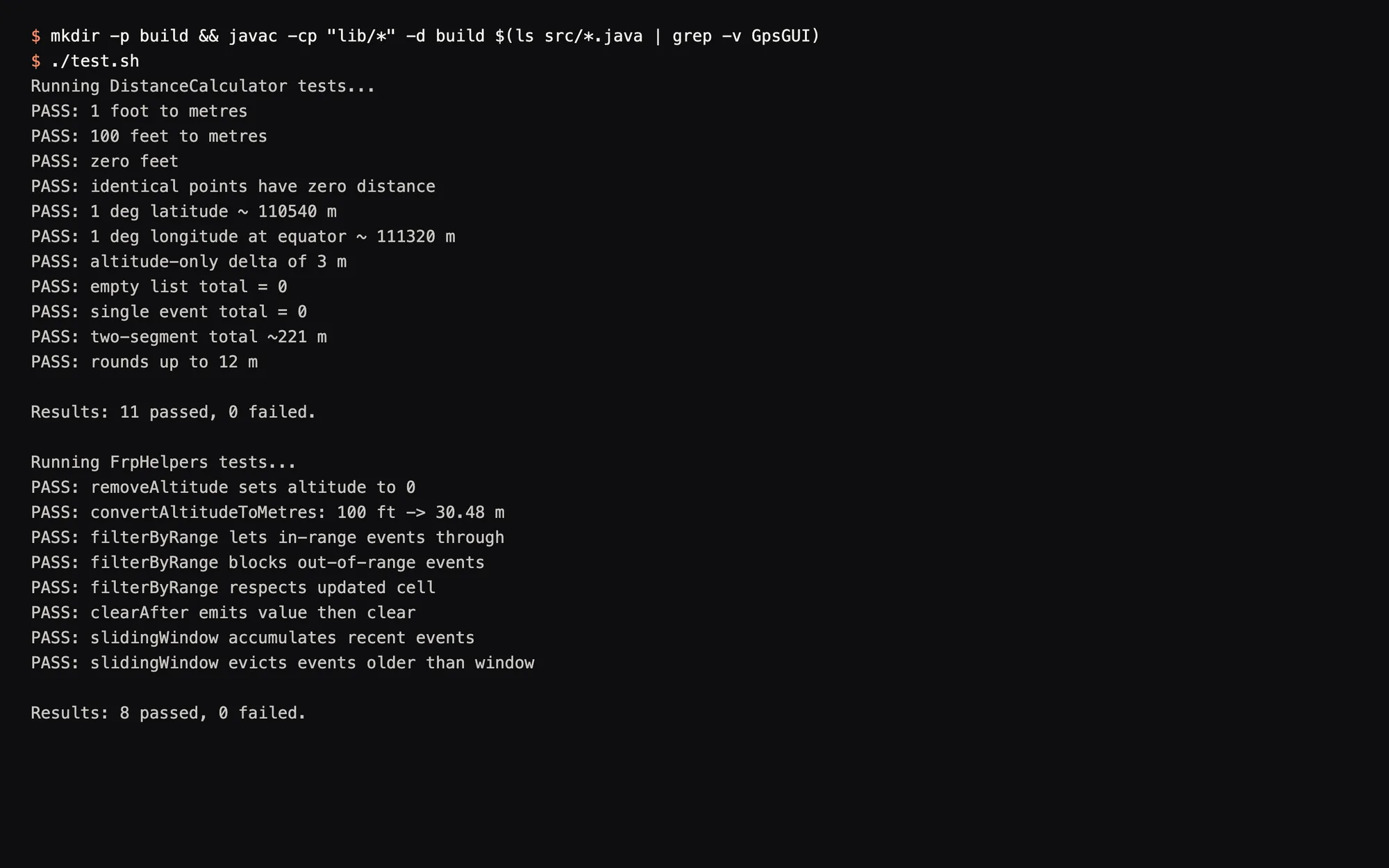 Terminal output of the tracker's test suite: 11 of 11 DistanceCalculator tests and 8 of 8 FrpHelpers tests pass, covering feet to metres, distances, range filtering, clearing after a delay and the sliding window