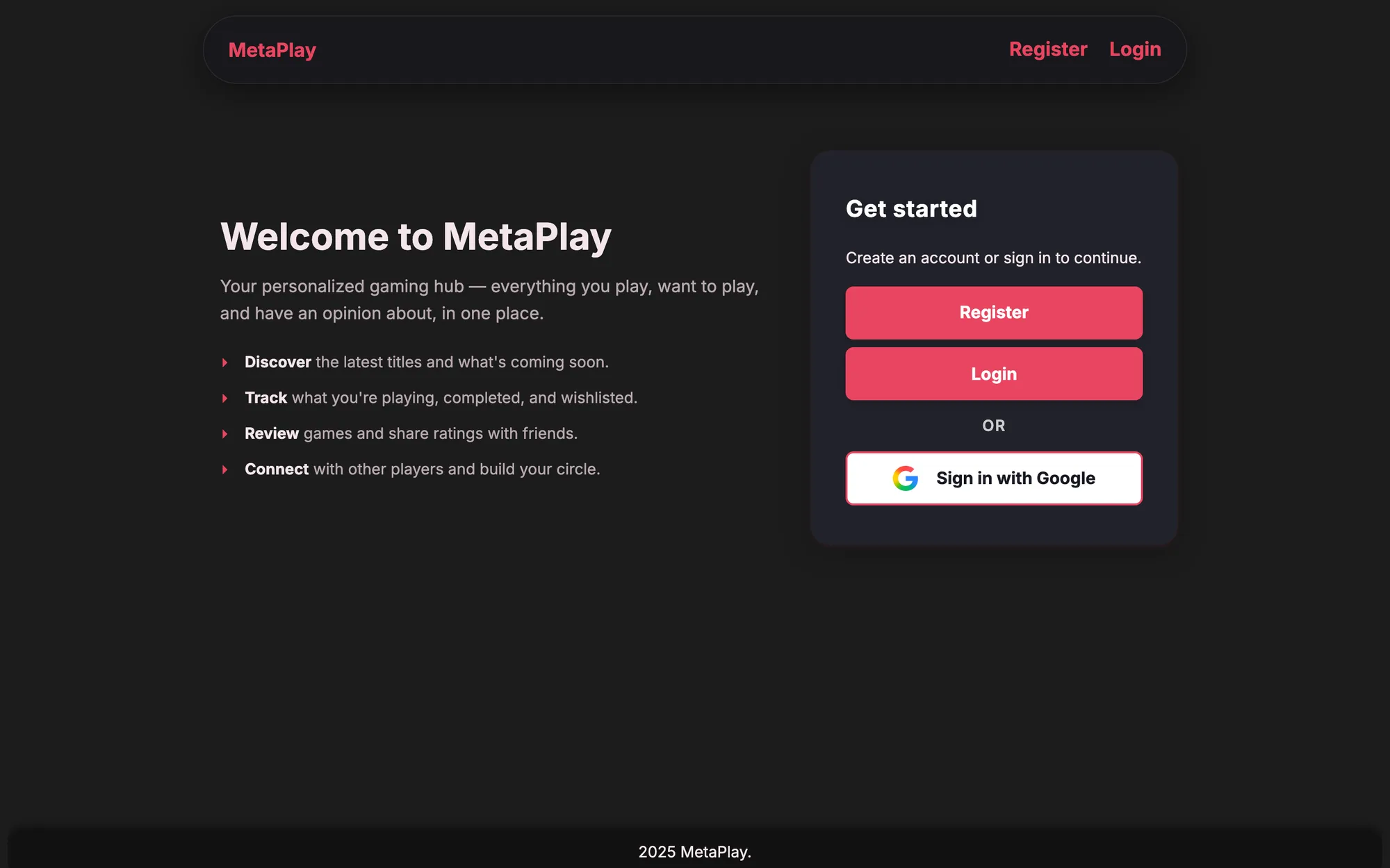 MetaPlay landing page: personalised gaming hub with account sign-up and Google sign-in