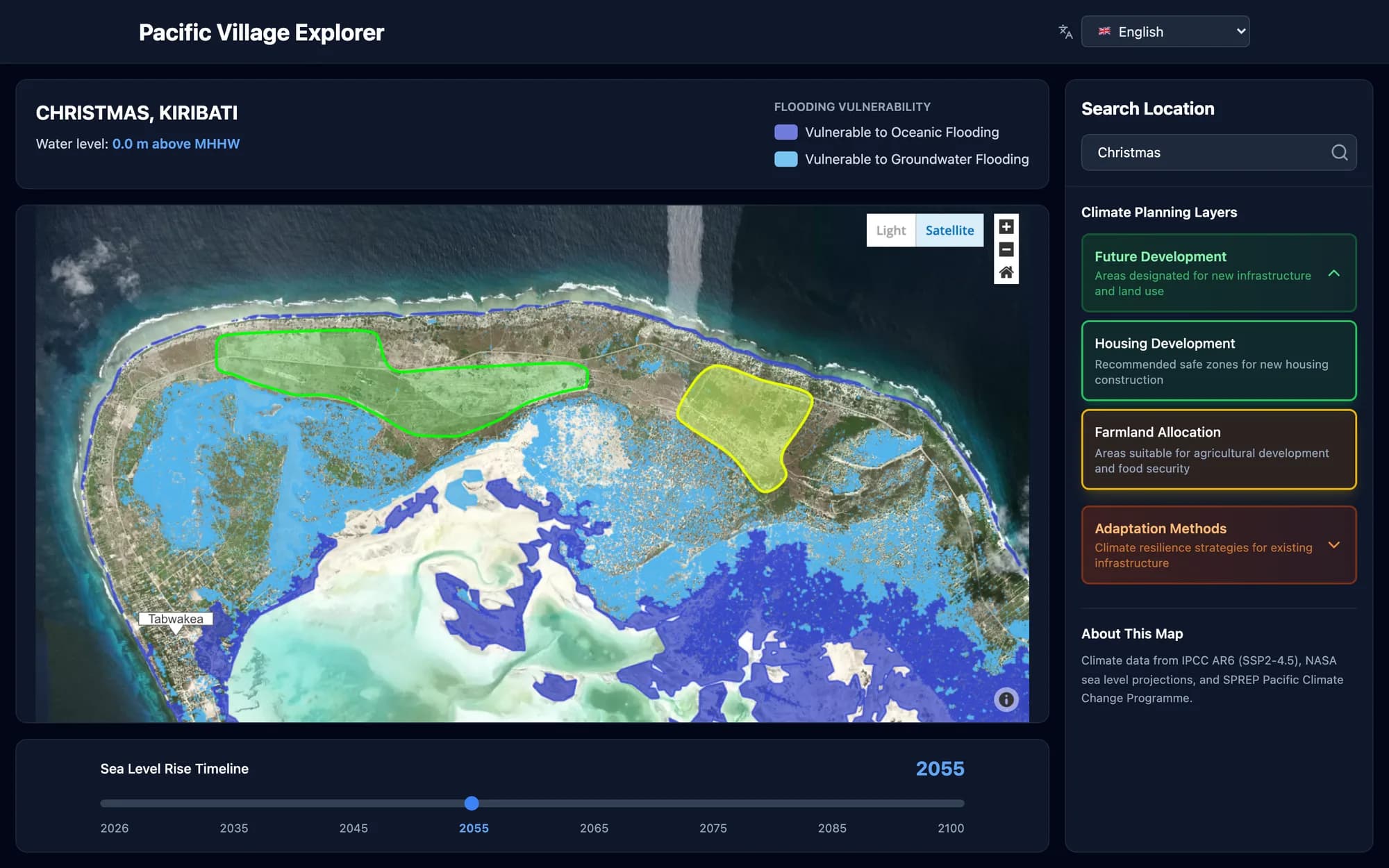 Pacific Village Explorer: flooding vulnerability on Christmas Island, Kiribati at 2055, with the sea level timeline and climate planning layers