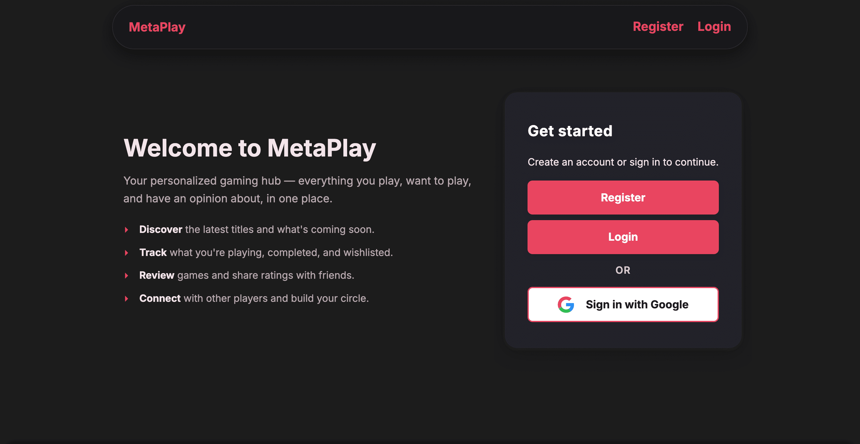 MetaPlay landing page: personalised gaming hub with account sign-up and Google sign-in