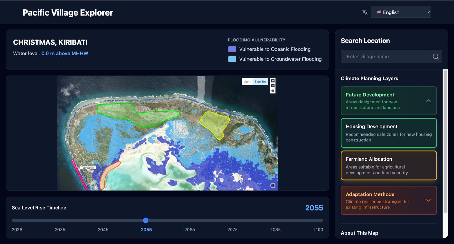 Pacific Village Explorer: flooding vulnerability on Christmas Island, Kiribati at 2055, with the sea level timeline and climate planning layers